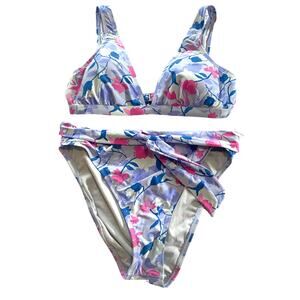 NWT SPLENDID SWIM BIKINI TOP BOTTOM FLORAL PINK PURPLE BLUE IVORY TIE HIGH WAIST